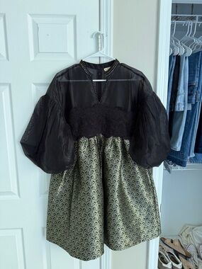 Black & Gold Mini Dress with Sheer Puff Sleeves